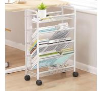 5-tier Rolling Book Cart, Metal Utility Cart, Easy Assemble Mobile Storage Trolley On Wheels, Compact Desk Storage Shelving Organizer Corner Display Shelf, White, 5 Tier