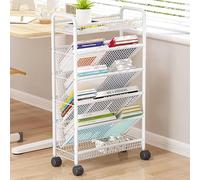 5-tier Rolling Book Cart, Metal Utility Cart, Easy Assemble Mobile Storage Trolley On Wheels, Compact Desk Storage Shelving Organizer Corner Display Shelf, White, 5 Tier