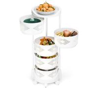 5 Tier Rotating Kitchen Storage Rack with Wheels,Rotating Moveable Fruit & Vegetable Basket,Hollow Mesh,Adjustable Height,5 Lockable Casters,Large Kitchen Storage Cart for Bathroom White Five Layers