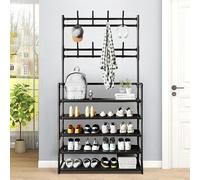 5-Tier Shoe Rack with Coat Storage, Metal Shoe Rack for Front Door Entrance, Corner Shelf, Hall Tree, Freestanding Shoe Shelf Storage Organizer with Hooks for Entryway Hallway Bedroom (Black)