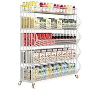 5 Tier Snack Rack Retail Display Stand with Wheels, White Metal Wire Basket Shelf, Vertical Retail Storage Rack for Grocery, Convenience Store & Home(White,L 90CM/35.4IN)