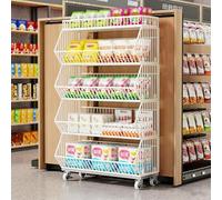 5 Tier Snack Rack Retail Display Stand with Wheels, White Metal Wire Basket Shelf, Vertical Retail Storage Rack for Grocery, Convenience Store & Home(White,L 90CM/35.4IN)