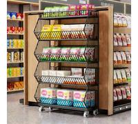 5 Tier Snack Rack Retail Display Stand with Wheels, White Metal Wire Basket Shelf, Vertical Retail Storage Rack for Grocery, Convenience Store & Home(Black,L 90CM/35.4IN)