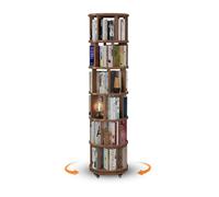 5-Tier Solid Wood Rotating Bookcase on Wheels - Space-Saving Corner Bookshelf for Small Spaces - Walnut Finish Stylish Six-Layer Storage Solution