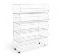 5 Tier Stackable Display Baskets - 100cm Wide Retail Stand with Wheels - Freestanding Storage Bins for Shops & Markets - Flat Pack Assembly - Mobile or Stationary Use
