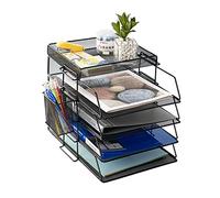 5 Tier Stackable Letter Tray Office Desk Paper Organizer File Trays, Desktop Holder for Paper Letter Accessories with Pen Holder（Black）