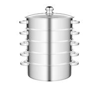 5-Tier Stainless Steel Steamer Pot, 26cm/28cm/30cm Food Steaming Pot Dishwasher-Safe, Vegetable Steam Cooker with Glass Lid, for Vegetable Dumpling Seafood, Suitable for Various Stoves (28cm)