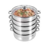 5 Tier Steamer 28cm, Four Steamers and One Base Pot, Stainless Steel Steamer with Glass Lid, Stackable Steamers, Suitable for: Induction Cookers, Electric Cookers, Gas Cookers, Etc