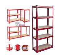 5 Tier Steel Shelving Unit Metal Racking Steel MDP Boltless Shelves Multi Purpose with Floor Protection Rubber 70cm x 30cm x 150cm (Red)