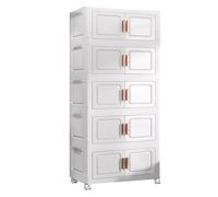 5 Tier Storage Boxes with Lid, Plastic Storage Drawers Folding Storage Bins with Wheels Magnetic Doors Storage Organizer for Bedroom Living Room Study Office, White