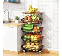 5 Tier Vegetable Fruit Basket for Kitchen, Stackable Metal Fruit and Vegetable Storage Baskets with Rolling Wheels Cart, Pantry organisers and storage for Kitchen Bathroom Livingroom Laundry room Cart