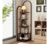 5-Tier Vintage Rattan Corner Shelf - Multi-Functional Triangular Bookshelf & Display Rack for Living Room, Bedroom - Stylish Brown Rattan Storage Solution