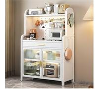 5-Tier White Bakery Shelf with Adjustable Shelves & Double-Door Drawer Microwave Storage Rack for Kitchen Coffee Bar Cabinet 147.5 × 80 cm (White)