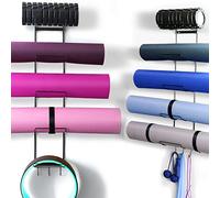 5-Tiers Yoga Mat Holder Wall Mount, Metal Storage Rack for Yoga Mat/Wheels, Foam Roller and Block etcs, Wall Rack Organizer with 3-Hooks for Hanging Stretching Strap & Resistance Bands（2 Pack）