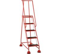 5 Tread Portable Safety Ladder With Wheels - Red Mobile Warehouse Steps 1.94M
