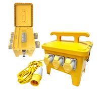 5 Way Splitter Box | 110V Power Distribution Junction Box | 5 Outlets IP44 Rated 3x 16A - 2x 32A Panel Sockets and Plug | 3 MCB Breakers | 3m Cable for Worksites | Construction Site | Industrial Tools
