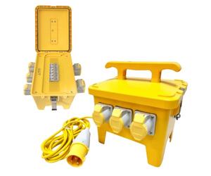 5 Way Splitter Box | 110V Power Distribution Junction Box | 5 Outlets IP44 Rated 3x 16A - 2x 32A Panel Sockets and Plug | 3 MCB Breakers | 3m Cable for Worksites | Construction Site | Industrial Tools