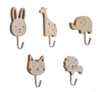 5 Wooden Animal Hooks with Distinct Giraffe Elephant Lion Rabbit and Cat Patterns for Creative Wall or Door Hanging Solutions in Home or Office