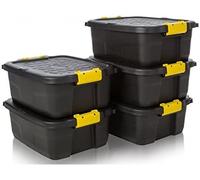 5 x 24L Heavy Duty Black Storage Crates & Lids Black Yellow Handles