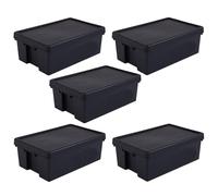 5 x 36L Black Storage Box & Lid Recycled Plastic Heavy Duty Stackable Containers