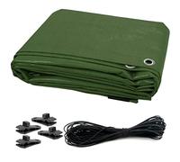 5 x 8 m Tarpaulin Waterproof Heavy Duty Cover Ground Sheet Camping Multipurpose Furniture Caravan with 4 Tarp Clips and 10 m / 32 ft Bungee Cord (Green - 90 GSM)