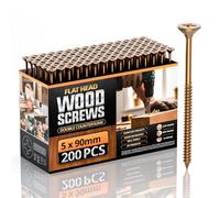 5 x 90mm Wood Screws 200 Pcs - Flat Head Double Countersunk Chipboard Screws - Heavy Duty Yellow Zinc Coated Pozi Drive for Timber, MDF, Plywood & DIY Construction