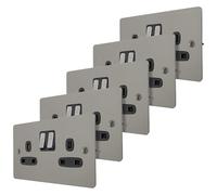 5 x Double Wall Socket Black Nickel Flat Plate 13A Switched 2 Gang Twin