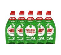 5 X Fairy Original Washing Up Liquid 320ml Bottles Powerful Grease-Cutting Dishwashing Liquid Concentrated Formula Long-Lasting Fresh Scent Gentle on Hands Kitchen Cleaning Essential