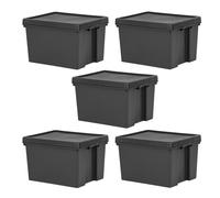 5 x Heavy Duty Black Stackable Storage Containers with Lids Recycled Plastic