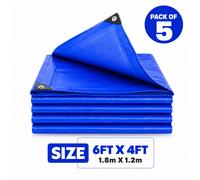 5 x Heavy Duty Tarpaulin 6ft x 4ft, Waterproof UV Protected Tarp with Eyelets 80 GSM