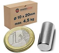 5 x Magnetic Rod Round Cylinder Magnet Ø 10 x 20 mm Neodymium N45 (NdFeB) Nickel - Force 4,5 kg - 5 pieces - Super Strong Rare Earth Cylindrical Magnets