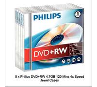 5 x Philips DVD+RW 4.7GB Disc 120Min 4x Speed Jewel Case Rewritable Blank Discs