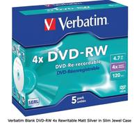 5 x Verbatim Blank DVD-RW 4x Rewritable Matt Silver Discs in 5 Slim JewelCases
