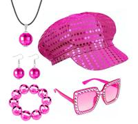 5 x Women's Disco Costume, Glitter Dress Hat Abba with Sequins Hat Bling Sunglasses Necklace Earrings Accessories 70s 80s Theme Party