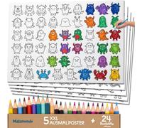 5 x XXL Colouring Posters with 24 Colouring Pencils, Little Monsters from 3 Years