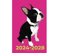 5 Year Diary 2024-2028 | A5 Adorable Boston Terrier on Pink (hardcover): Month to View Planner with UK Holidays, Vision Board, Moon Phases, Birthdays & Celebrations, Contacts, Passwords (Five Years)