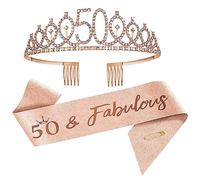 50 and Fabulous Sash &50 Birthday Tiara Rhinestone Crown Headband for 50 Birthday Gift Glitter Crystal Hair Accessories Rose Gold 50th Birthday Decoration for Girls Women Birthday Party Supplies