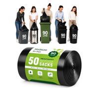 50 Black Plastic Bin Bags Heavy Duty Bin Liners, Refuse Sacks Pack of 50 X 1 Heavy Duty Waste Dustbin Bags roll 90L for Kitchen Home Office DIY Garden Made from 100% Recycled Material By Modaleo
