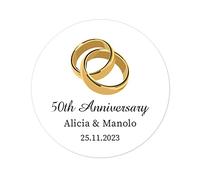 50 Classic Golden Rings PERSONALISED Wedding Favour Stickers, Happy 50th Wedding Anniversary Sticker, 40mm Round Golden Wedding Party Sweet Bags Labels,Invites Envelopes Seals - Rd 010 (001)