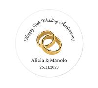 50 Classic Golden Rings PERSONALISED Wedding Favour Stickers, Happy 50th Wedding Anniversary Sticker, 40mm Round Golden Wedding Party Sweet Bags Labels,Invites Envelopes Seals - Rd 010 (002)