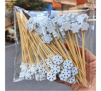 50 Counts Christmas Cocktail Sticks,Handmade Wooden Cocktail Skewers,Christmas Tree Snowman Snowflakes Theme Stick Toothpicks for Appetizers Wooden Food Bamboo Skewers