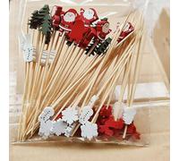 50 Counts Christmas Cocktail Sticks,Handmade Wooden Cocktail Skewers,Christmas Tree Snowman Snowflakes Theme Stick Toothpicks for Appetizers Wooden Food Bamboo Skewers