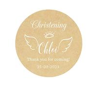 50 Cute Angel Wings Personalised Christening Favour Stickers/Baptism Labels, 40MM Round Custom Thank You Labels for Communion,Birthday Party Favours,Sweet Bags Seals - Rd 363 (Brown White)
