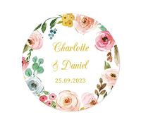 50 Delicate Floral Personalised Golden Themed Wedding Favour Stickers,40mm Custom Any Text Party Favour Sweet Bag Labels,Also for Engagement,Birthday,Christening- Rd 061 (003 Rose Wreath)