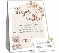 50 Diaper Raffle Tickets and 1 Self-standing Diaper Raffle Sign, Bear Boho Floral Baby Gender Reveal Party Supplies, Gender Neutral Baby Shower Decorations - LBLK-014