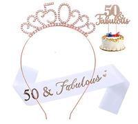 50 & Fabulous Sash & Rhinestone Tiara Cake Topper Set, Great Birthday Gifts,Rose Gold Birthday Sash/Tiara for Women's 50th Birthday Party Decoration (Rose Gold 50th)