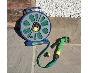 50 Feet 15 Meter Flat Hose Pipe Reel With Water Nozzle Gun Spray Garden Watering