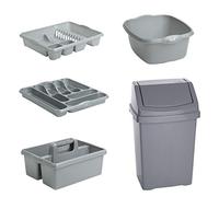 50 L Swing Waste BIN 5 PC Silver/Grey Set Dish Drainer Cutlery Tray Tidy Washing UP Bowl (Silver/Grey)