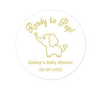 50 Lovely Elephant Ready to Pop Labels,Personalised Baby Shower Favour Stickers,40mm Round About to Pop Favour Popcorn Labels,Party Bag Seals,Thank You Sweet Cone Labels - Rd 361 (Golden)