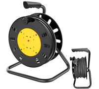 50 Metre Portable Cable Reel Extension Lead - 4-Way Power Sockets, Thermal Cut Out, Ergonomic Handle, Yellow/Black - Heavy Duty Portable Drum Reel Power Extension Cord for Indoor Workshop Utility